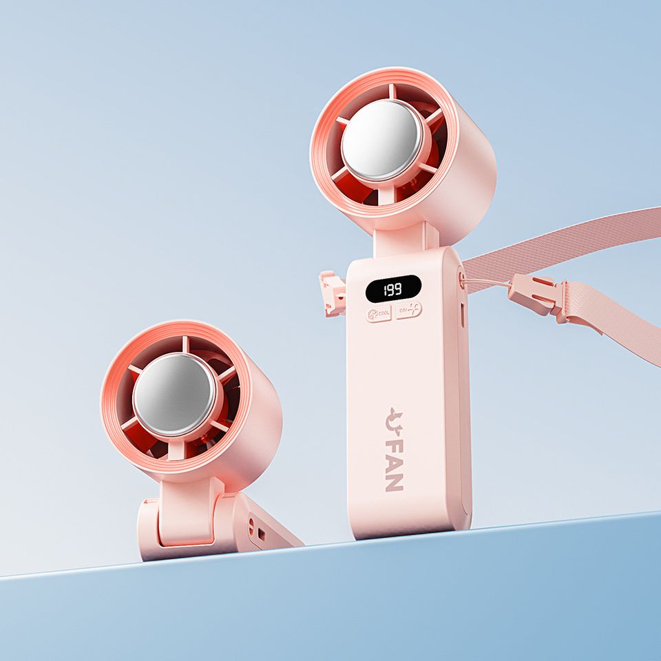 Portable handheld turbo fan with dual fan heads, digital display, and wearable neck strap