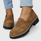 Women's slip-on orthopaedic loafers with vamp strap, stitched toe and lug sole