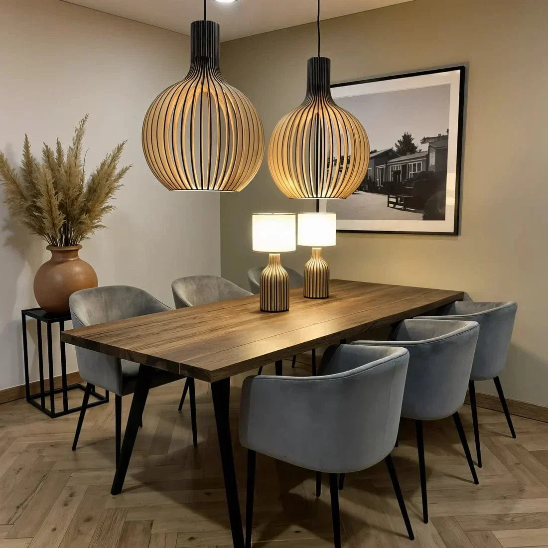 Open slatted wood pendant light with rounded vintage shade