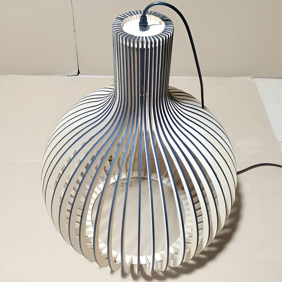 Open slatted wood pendant light with rounded vintage shade