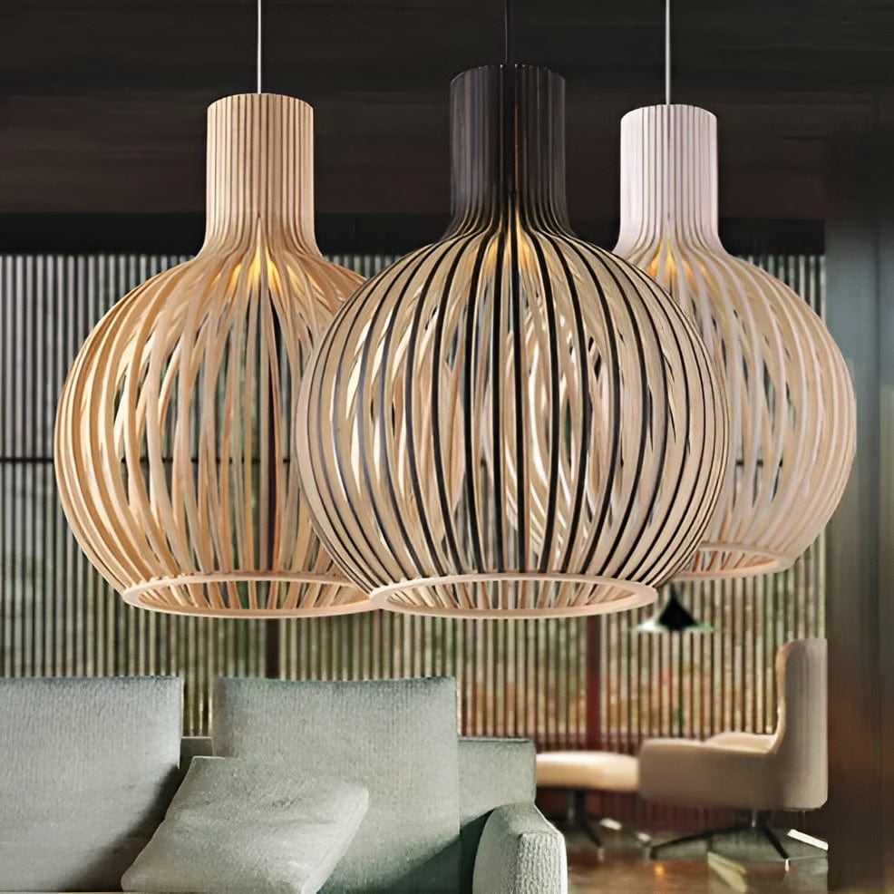 Open slatted wood pendant light with rounded vintage shade