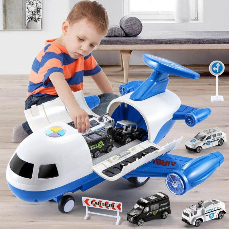 Aircraft playset with mini vehicles, ramps, road signs, and construction accessories