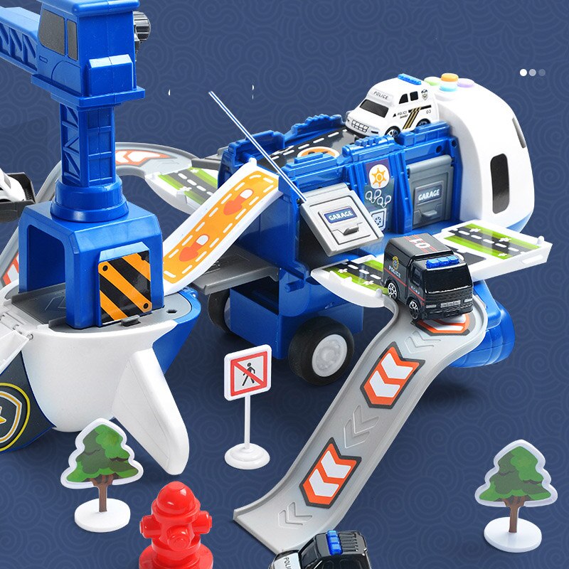 Aircraft playset with mini vehicles, ramps, road signs, and construction accessories