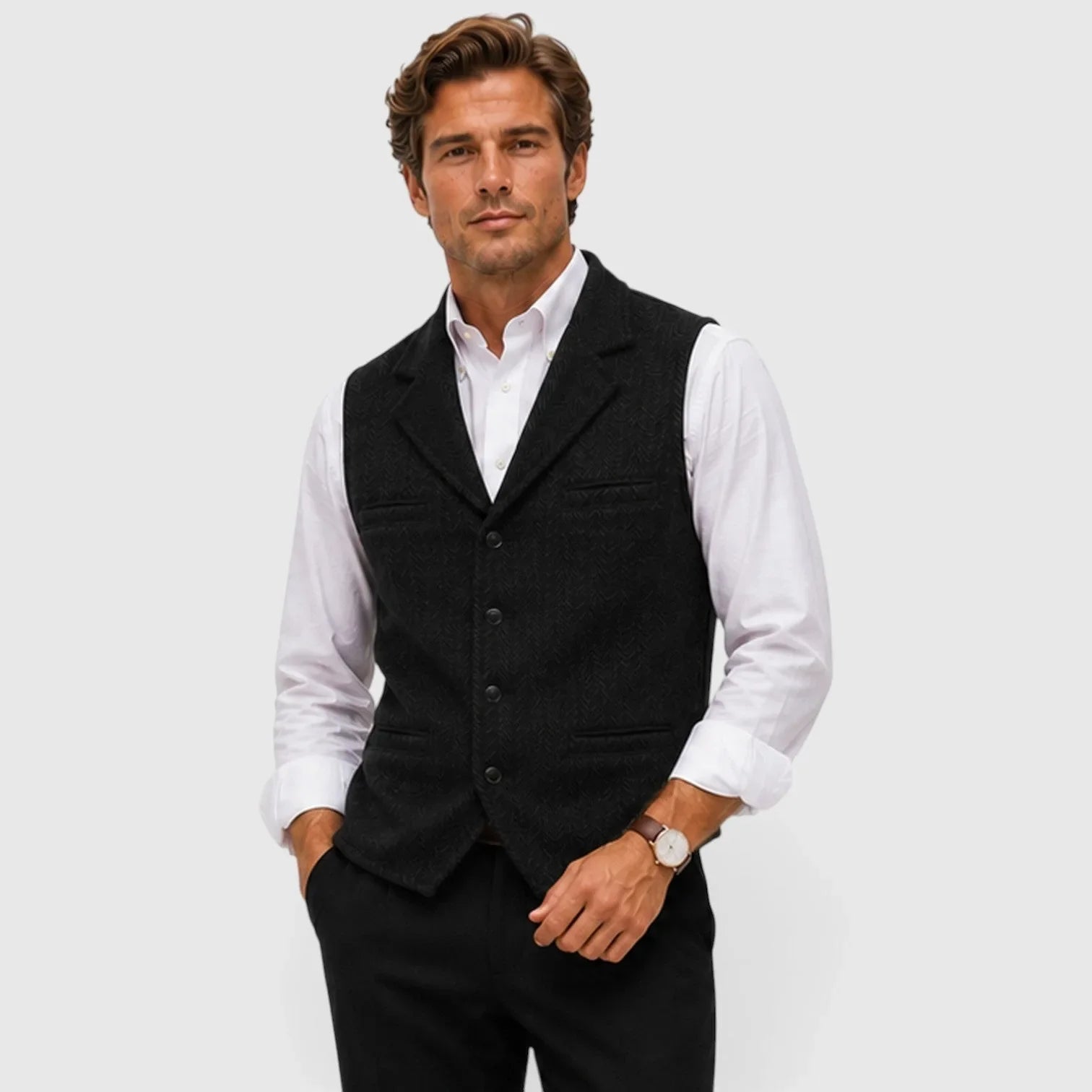 Men's herringbone vest with lapels, button front and welt-style pockets