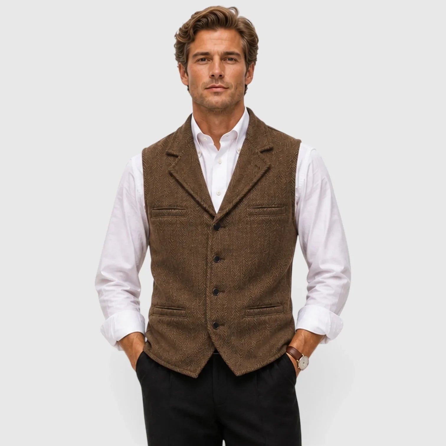 Men's herringbone vest with lapels, button front and welt-style pockets