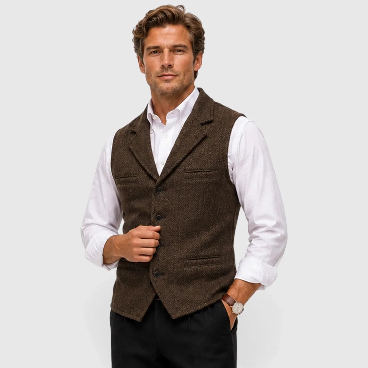 Men's herringbone vest with lapels, button front and welt-style pockets