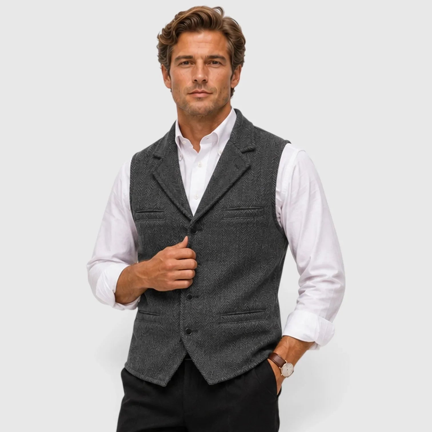 Men's herringbone vest with lapels, button front and welt-style pockets