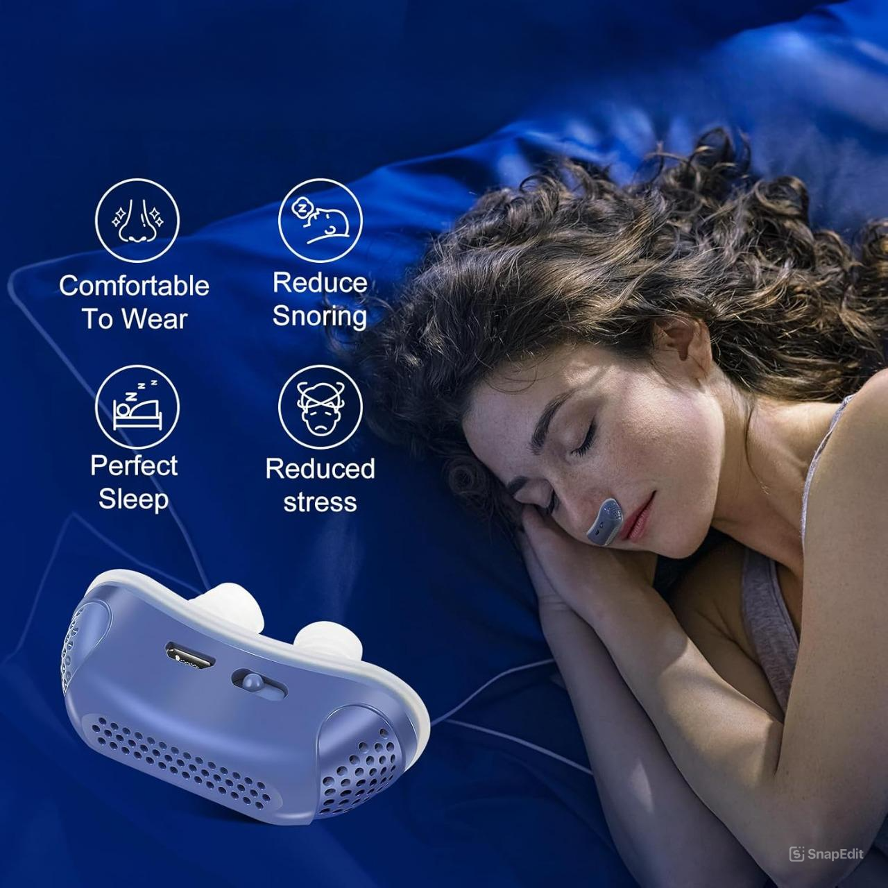 Compact rechargeable anti-snoring device with twin fans and silicone nasal components