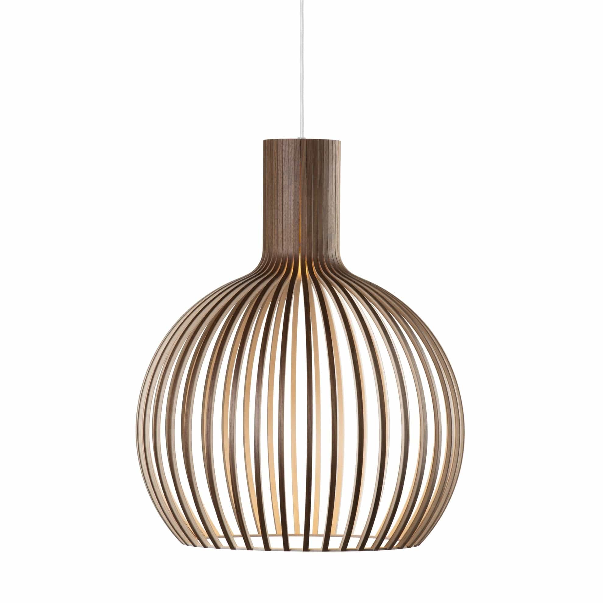 Open slatted wood pendant light with rounded vintage shade