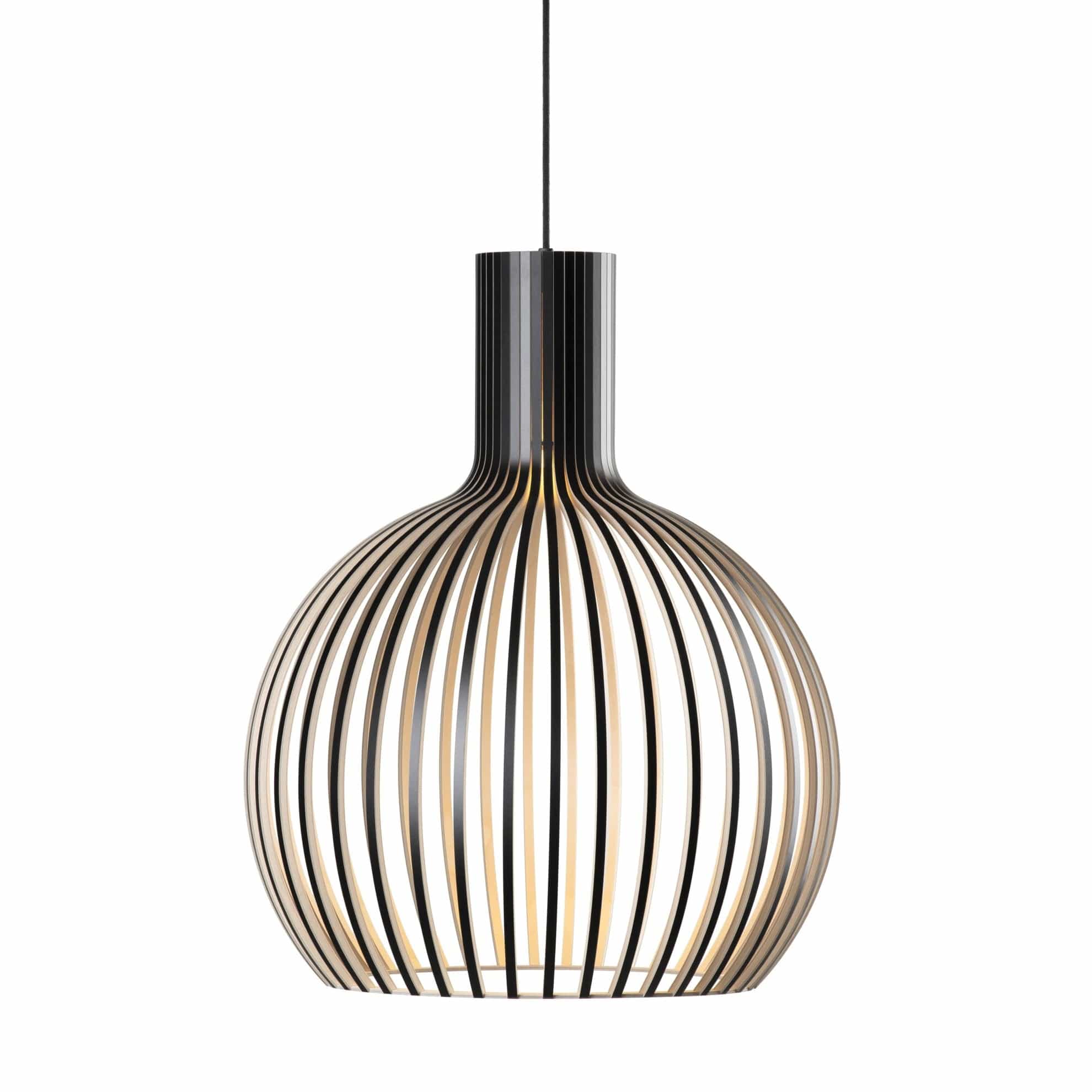 Open slatted wood pendant light with rounded vintage shade