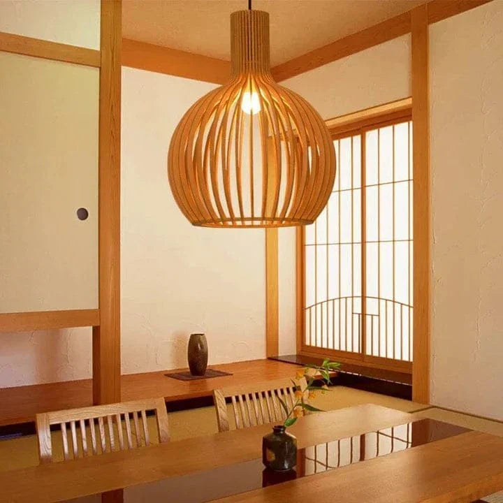 Open slatted wood pendant light with rounded vintage shade