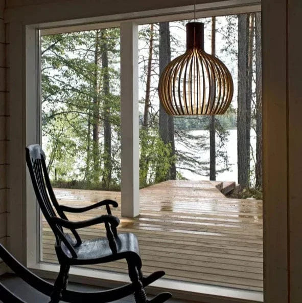 Open slatted wood pendant light with rounded vintage shade