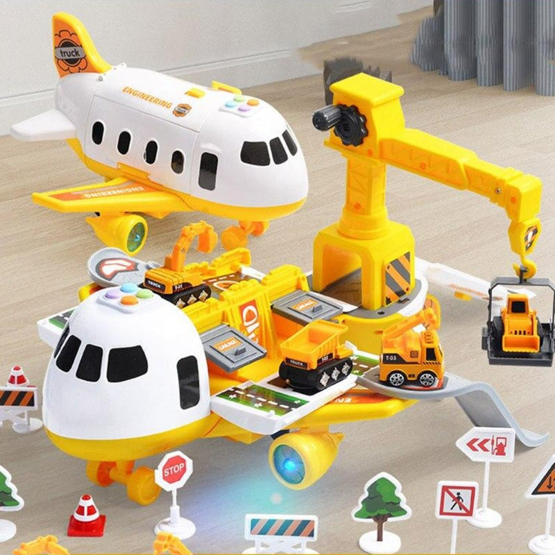 Aircraft playset with mini vehicles, ramps, road signs, and construction accessories