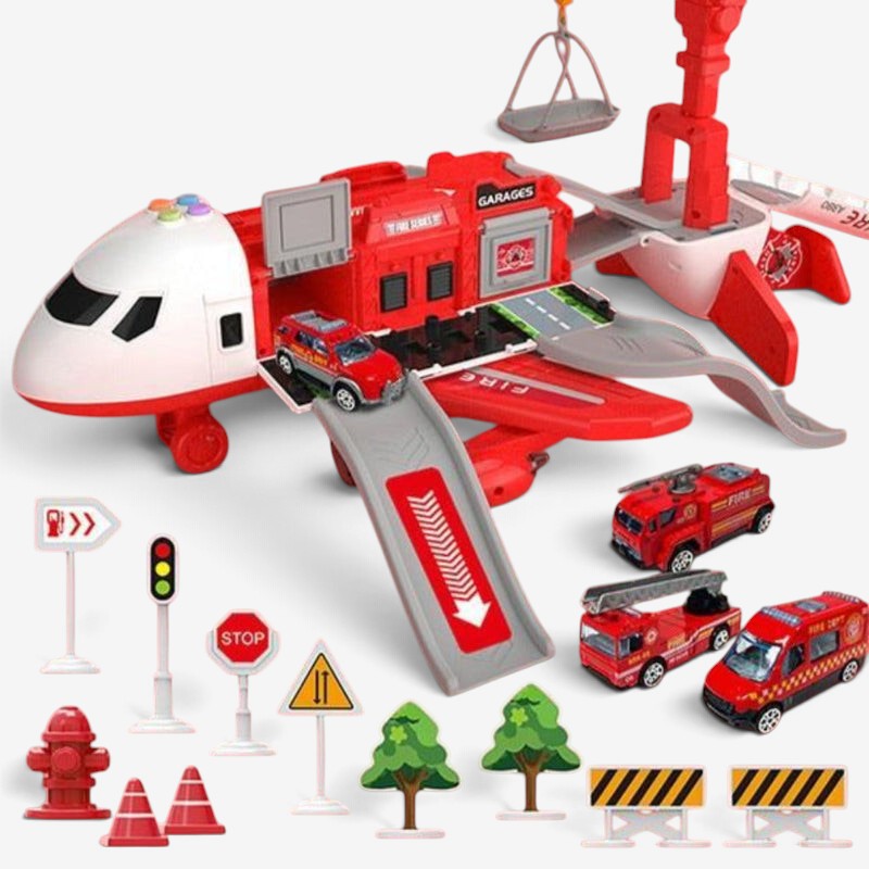 Aircraft playset with mini vehicles, ramps, road signs, and construction accessories