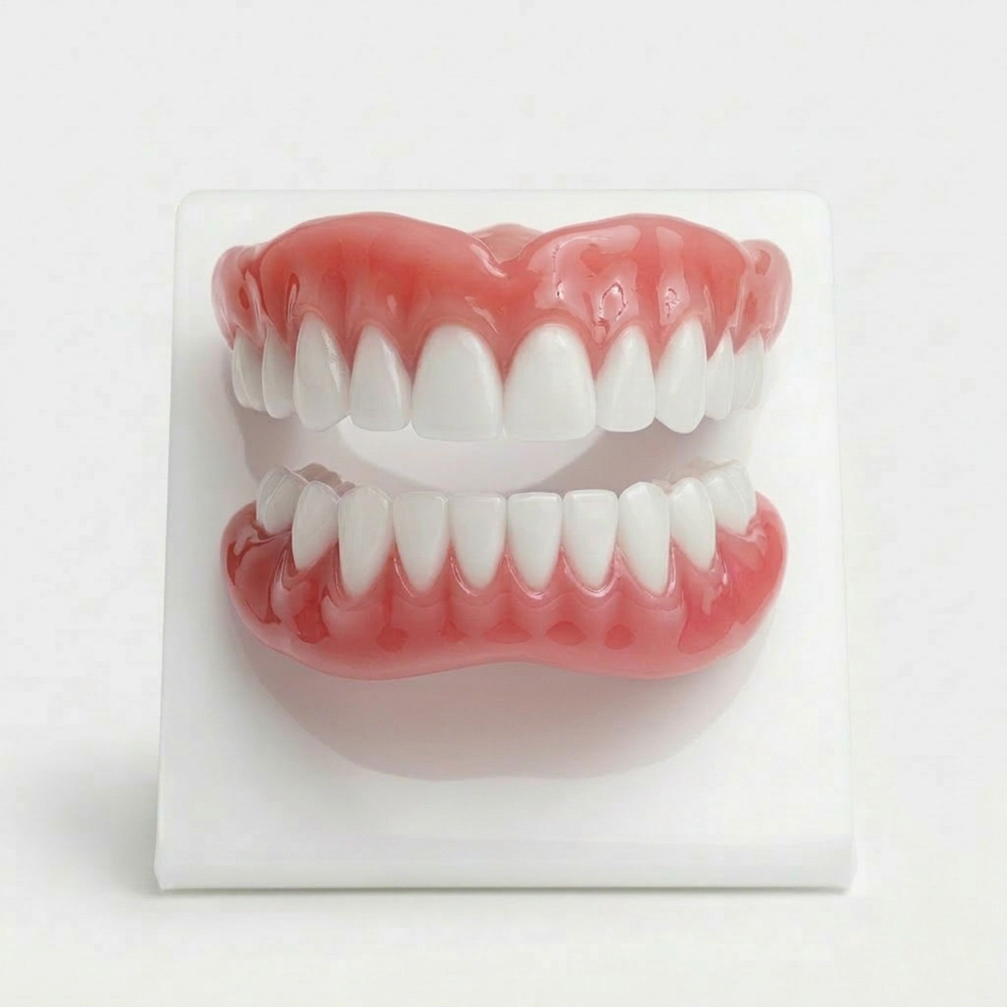 Removable upper and lower dental prosthesis set with pink gum sections and white teeth