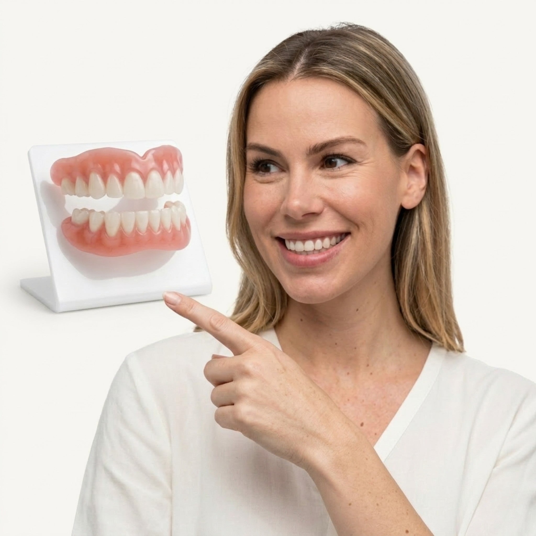 Removable upper and lower dental prosthesis set with pink gum sections and white teeth