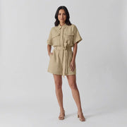 Women's Utility Shirt Romper Tie Waist Button Front